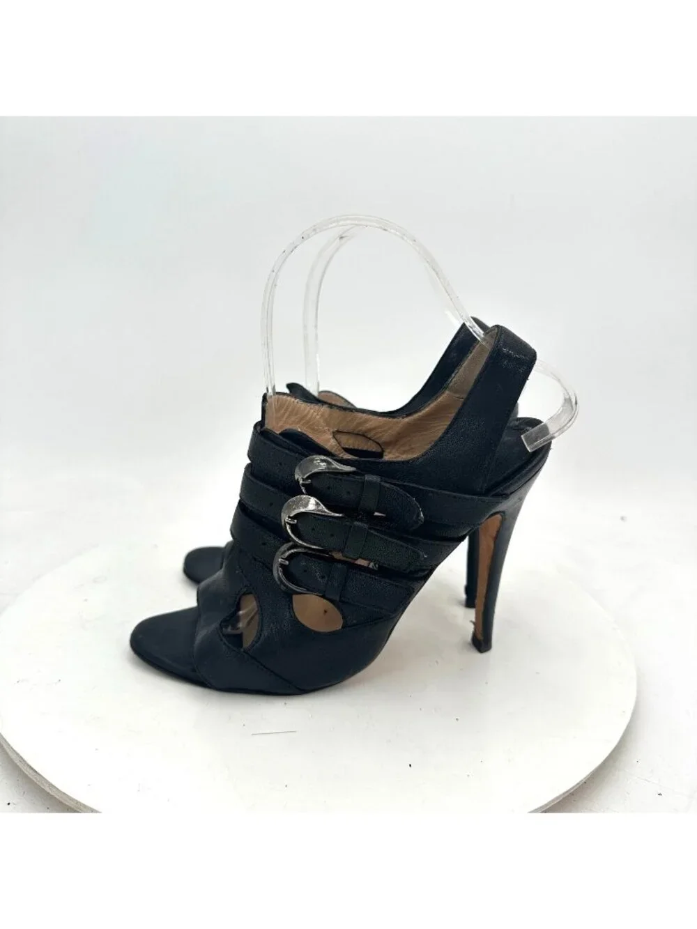 Manolo Blahnik Women EU 36 Black Leather Strappy Peep-Toe Stiletto Sandals